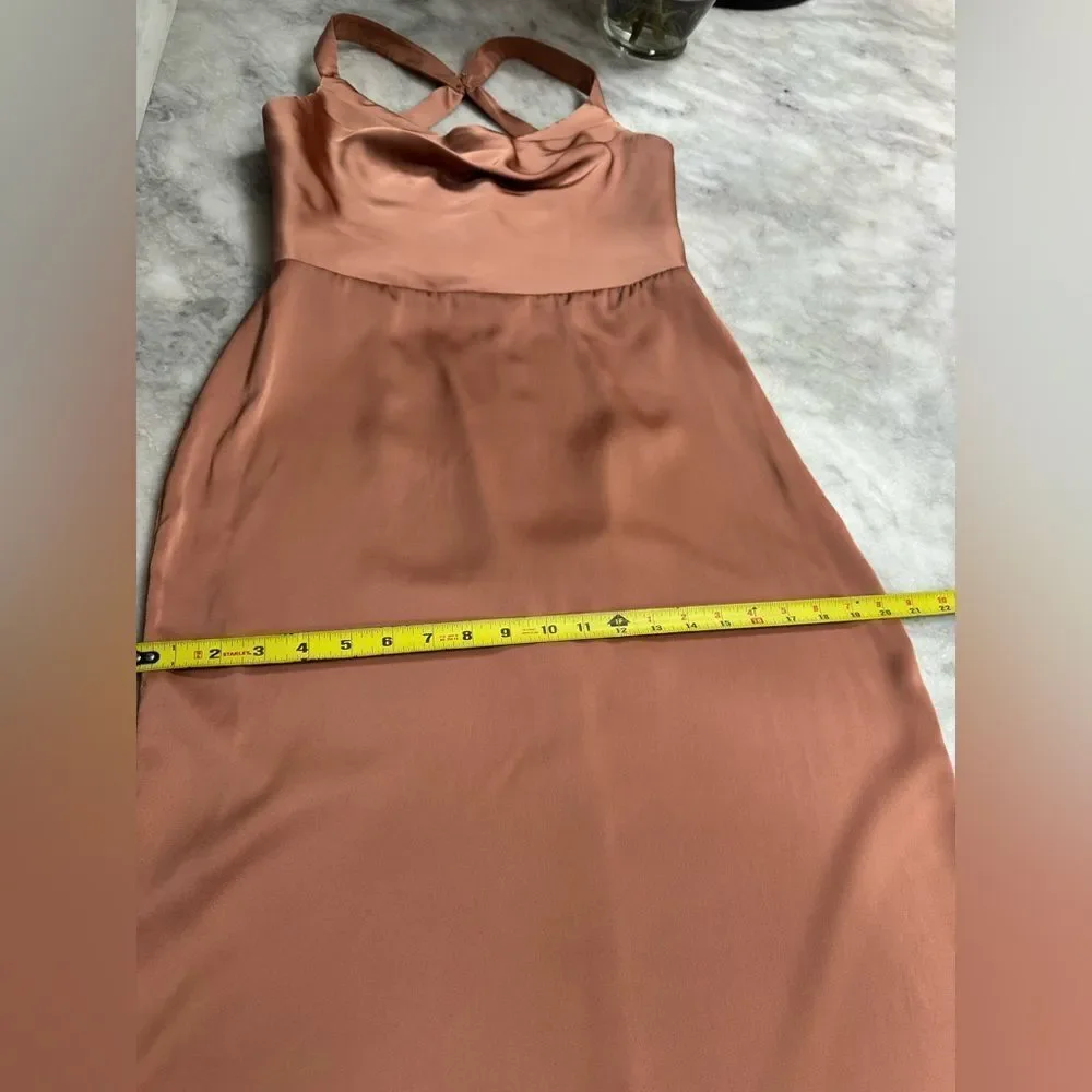 BARBIE AZAZIE 1007 Criss Cross Strap Stretch Satin Sheath Dress Bronzer. Size A8